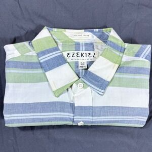 Vintage Ezekiel Striped Button Down Shirt Green Blue White Mens Medium